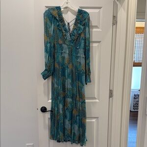 Anthropologie Blue and Yellow Patterned Long Sleeve Dress